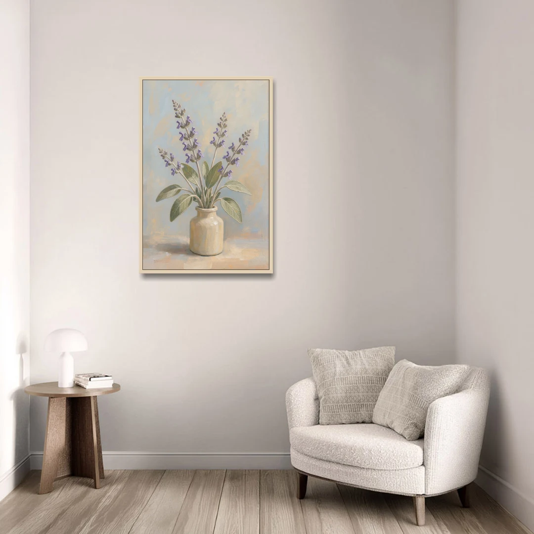 Flowering Sage in a Cream Bottle for the Kitchen - Oak Framed Canvas Wall Art - Sofa - 24x36