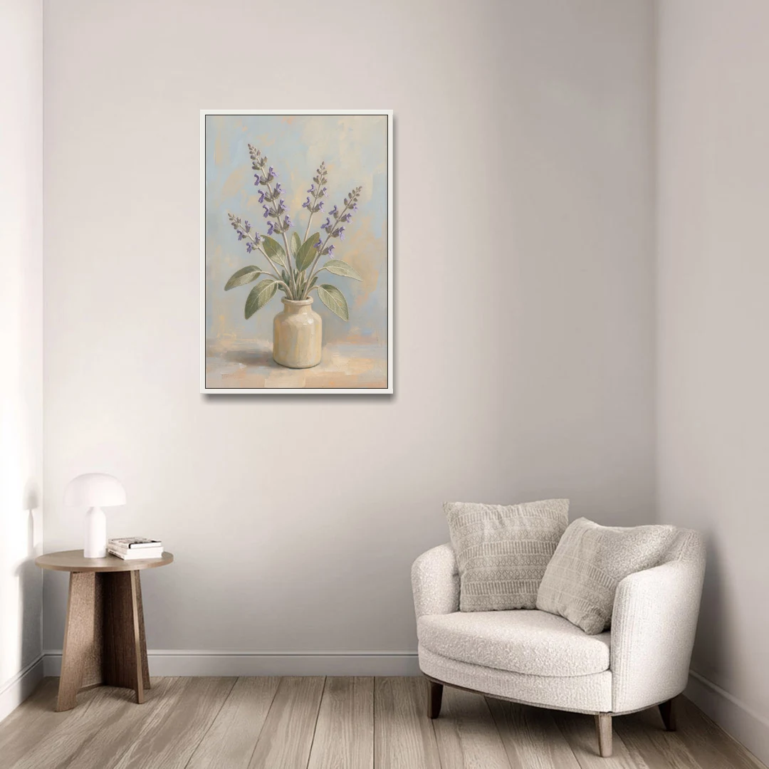 Flowering Sage in a Cream Bottle for the Kitchen - White Framed Canvas Wall Art - Sofa - 24x36