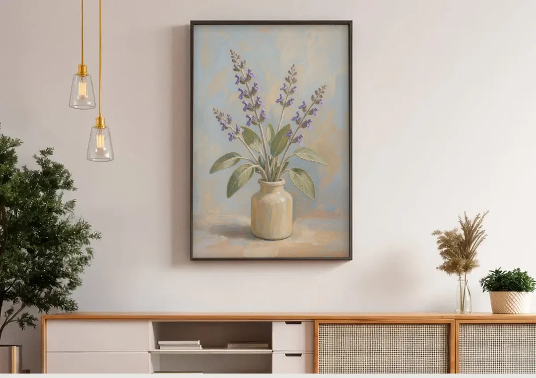 Flowering Sage in a Cream Bottle for the Kitchen canvas wall art above a wooden sideboard under pendant lights