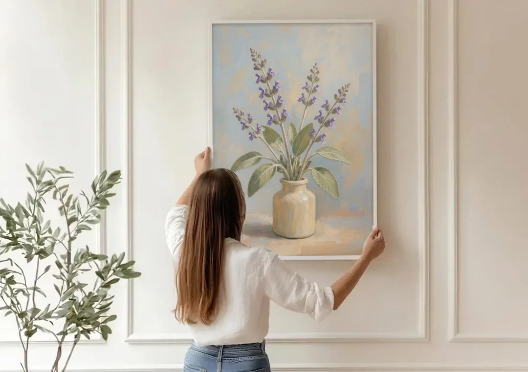 Flowering Sage in a Cream Bottle for the Kitchen canvas wall art being hung on a paneled wall
