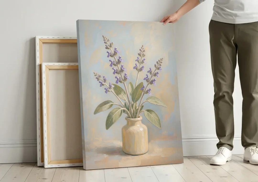 Flowering Sage in a Cream Bottle for the Kitchen canvas wall art leaning against a wall next to blank canvases