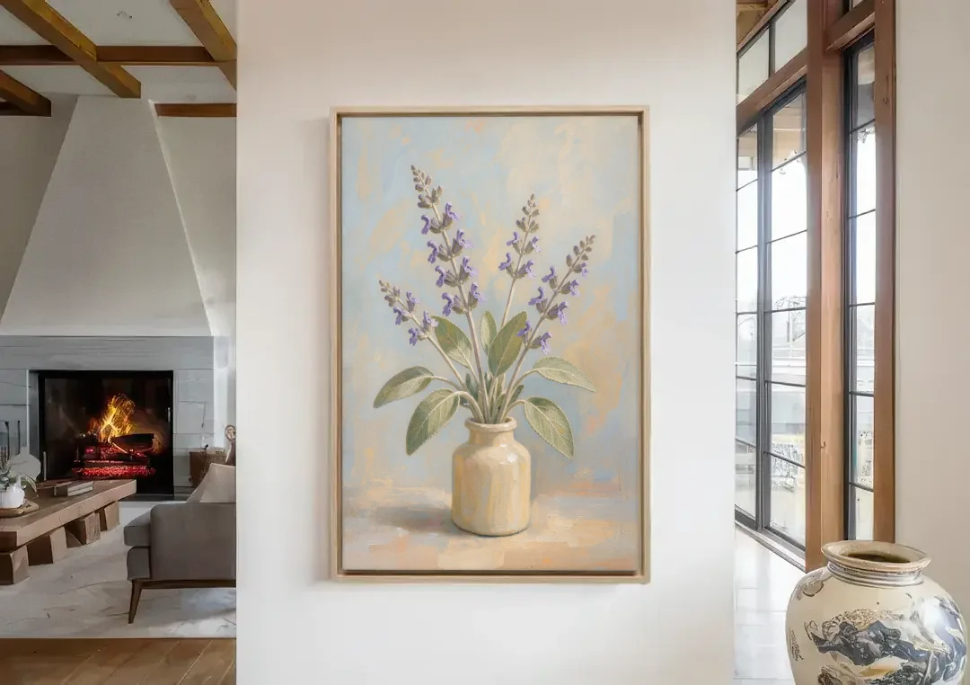Flowering Sage in a Cream Bottle for the Kitchen canvas wall art in a living room with a fireplace