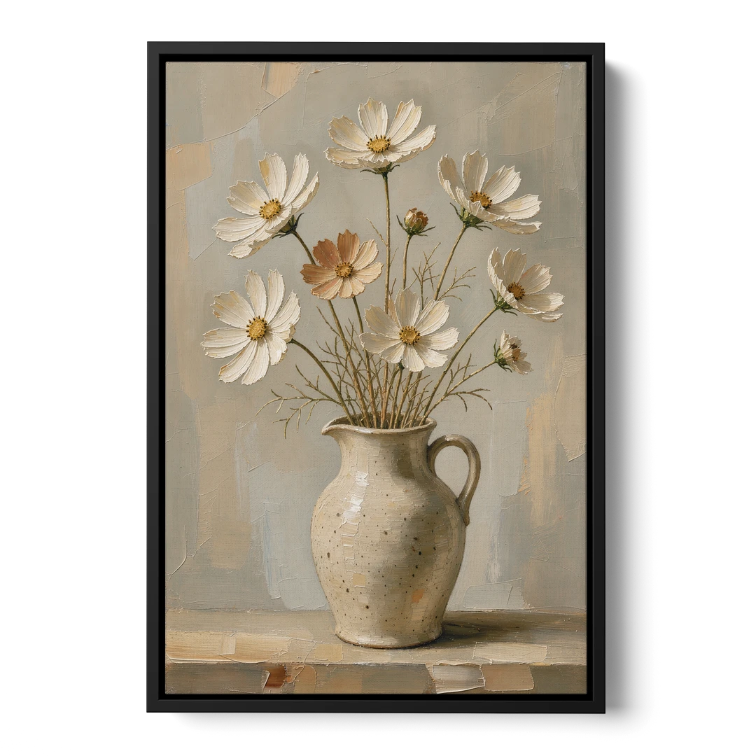 Flowers in Vase Painting with Cosmos and Speckled Jug - Black Framed Canvas Wall Art - Front