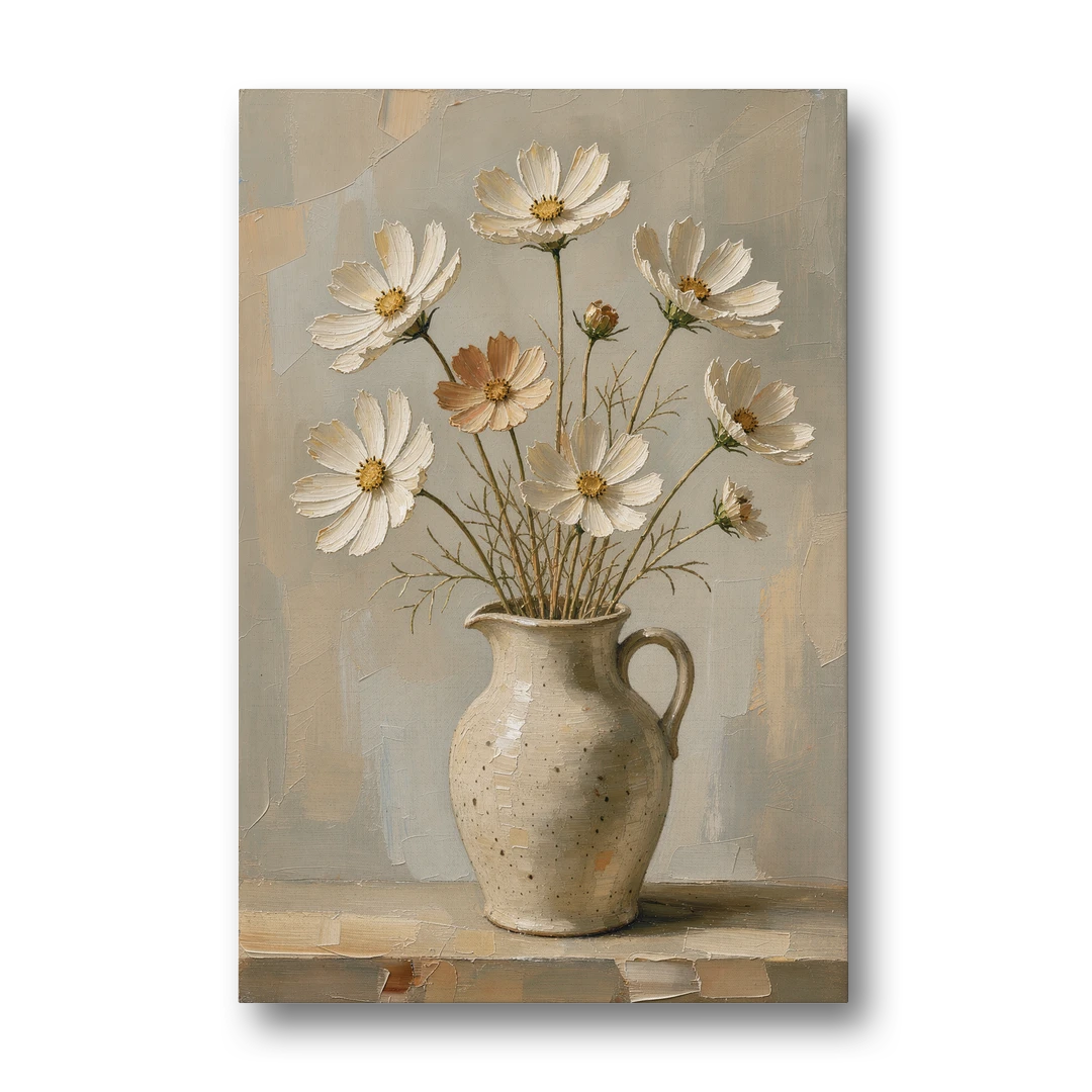 Flowers in Vase Painting with Cosmos and Speckled Jug - Canvas Wall Art - Front