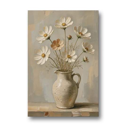Flowers in Vase Painting with Cosmos and Speckled Jug - Canvas Wall Art - Front
