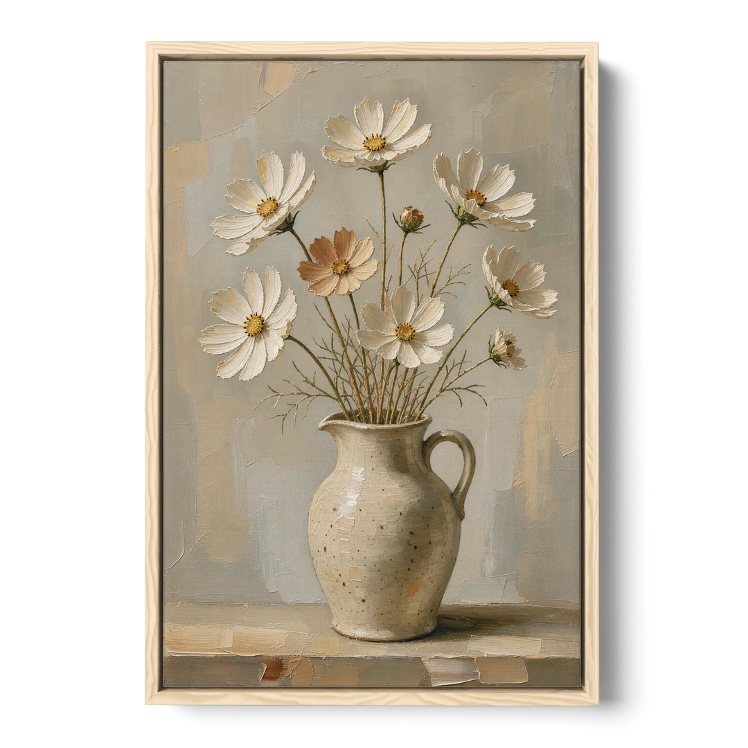Flowers in Vase Painting with Cosmos and Speckled Jug - Oak Framed Canvas Wall Art - Front