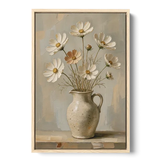 Flowers in Vase Painting with Cosmos and Speckled Jug - Oak Framed Canvas Wall Art - Front