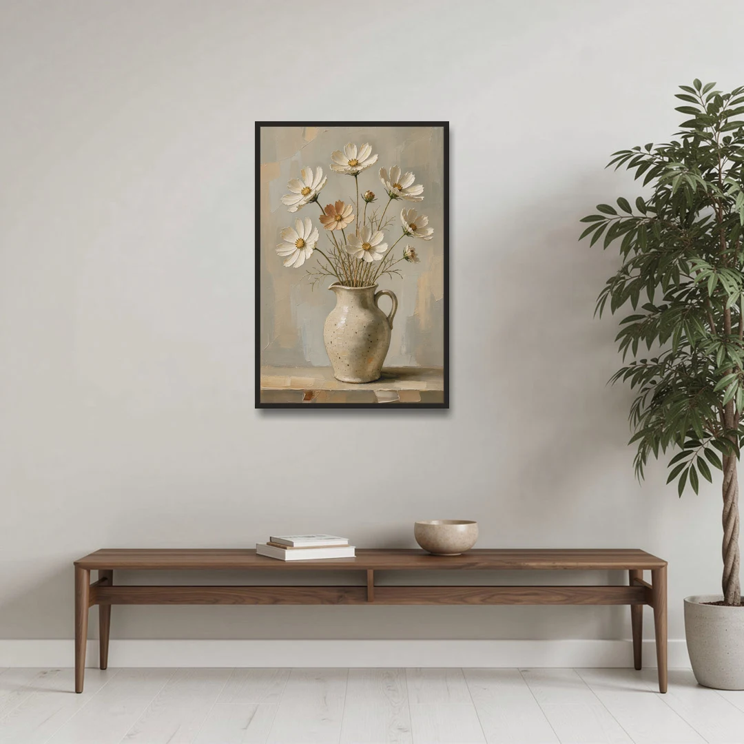 Flowers in Vase Painting with Cosmos and Speckled Jug - Black Framed Canvas Wall Art - Coffee Table - 24x36