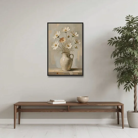 Flowers in Vase Painting with Cosmos and Speckled Jug - Black Framed Canvas Wall Art - Coffee Table - 24x36