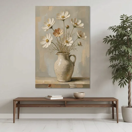 Flowers in Vase Painting with Cosmos and Speckled Jug - Canvas Wall Art - Coffee Table - 40x60