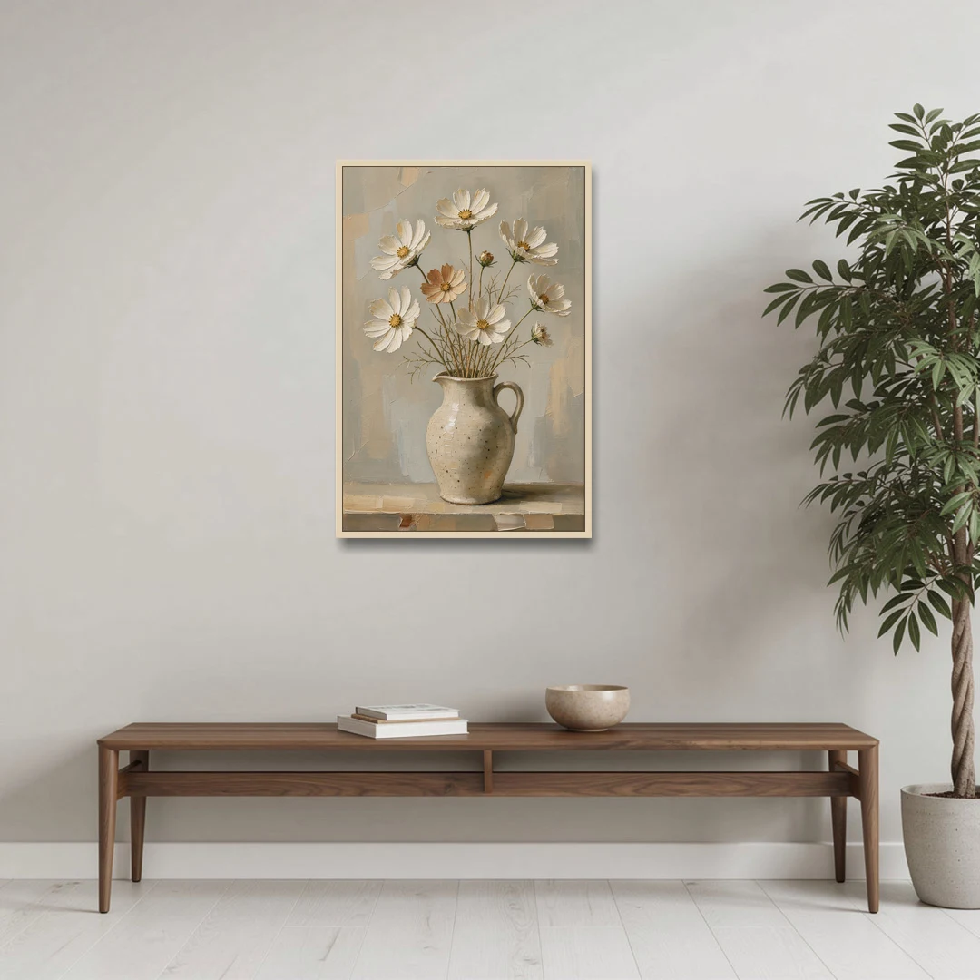 Flowers in Vase Painting with Cosmos and Speckled Jug - Oak Framed Canvas Wall Art - Coffee Table - 24x36