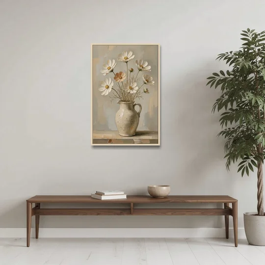 Flowers in Vase Painting with Cosmos and Speckled Jug - Oak Framed Canvas Wall Art - Coffee Table - 24x36