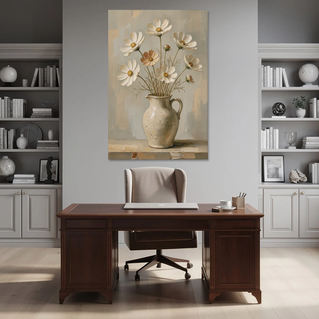 Flowers in Vase Painting with Cosmos and Speckled Jug - Canvas Wall Art - Office - 40x60