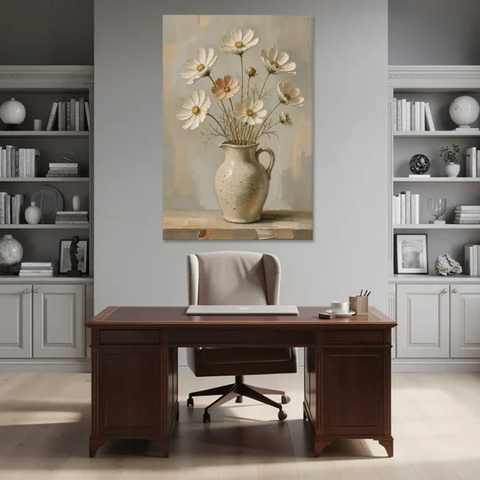 Flowers in Vase Painting with Cosmos and Speckled Jug - Canvas Wall Art - Office - 40x60