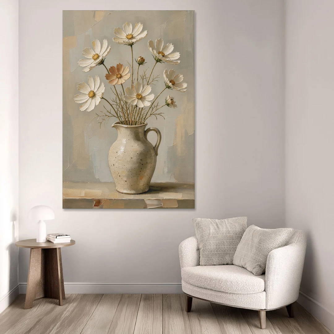Flowers in Vase Painting with Cosmos and Speckled Jug - Canvas Wall Art - Sofa - 40x60