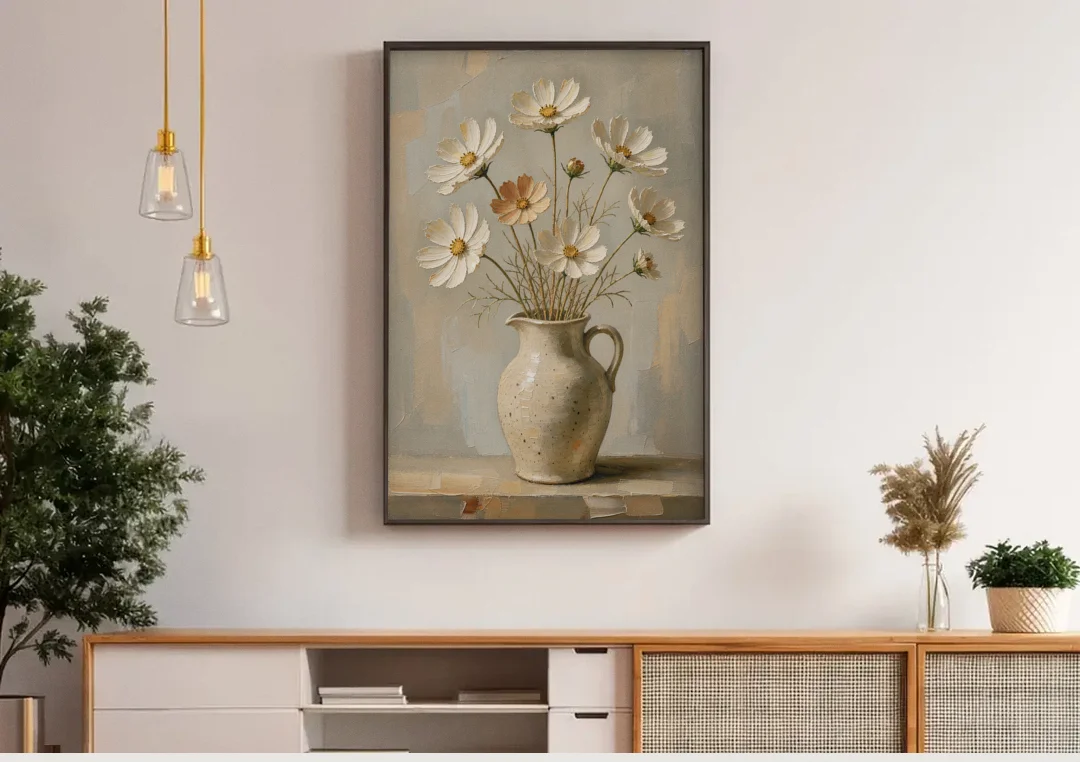 Flowers in Vase Painting with Cosmos and Speckled Jug canvas wall art above a wooden sideboard under pendant lights