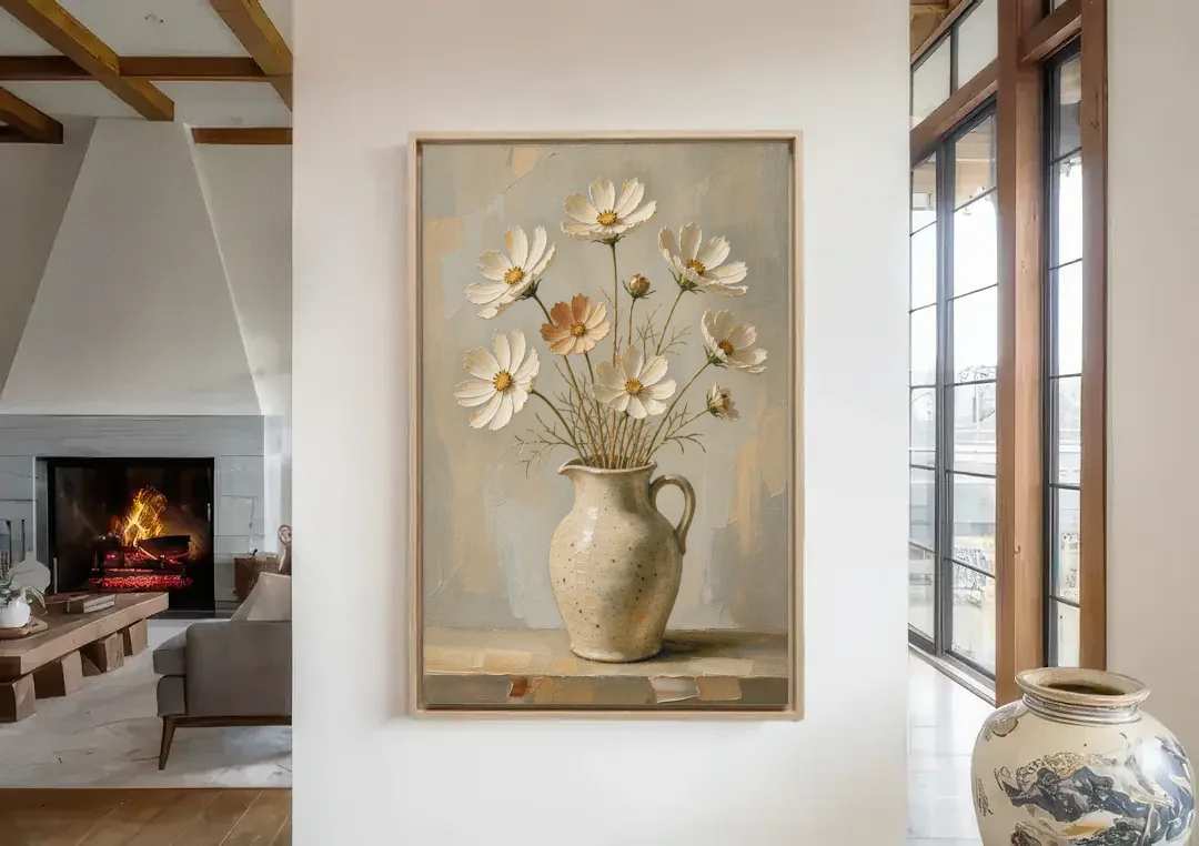 Flowers in Vase Painting with Cosmos and Speckled Jug canvas wall art in a living room with a fireplace