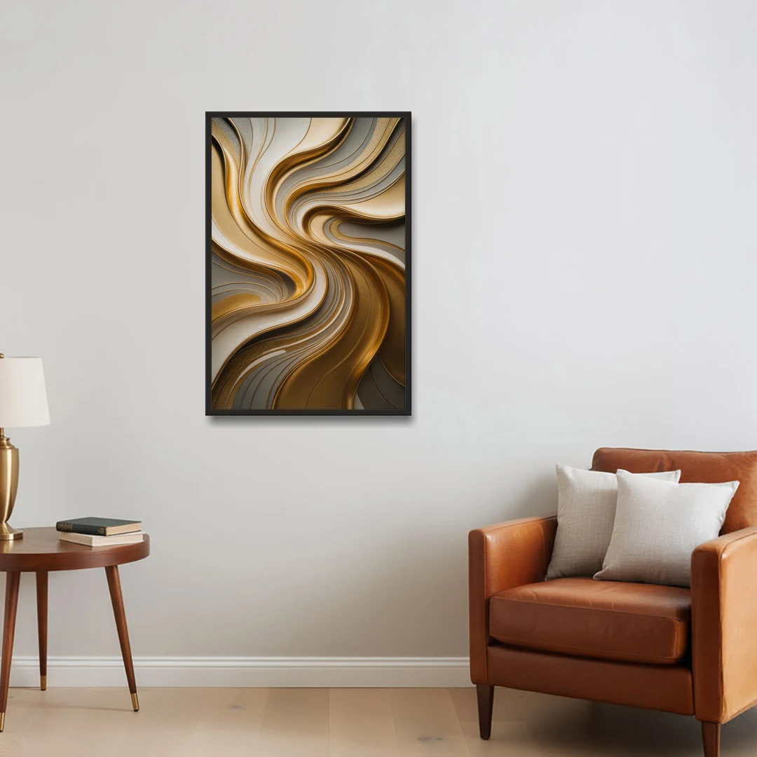 Flowing Rivers in Gold Abstract - Black Framed Canvas Wall Art - Sofa - 24x36