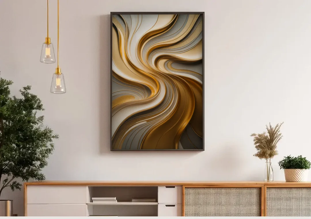 Flowing Rivers in Gold Abstract canvas wall art above a wooden sideboard under pendant lights