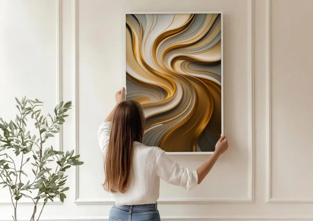 Flowing Rivers in Gold Abstract canvas wall art being hung on a paneled wall