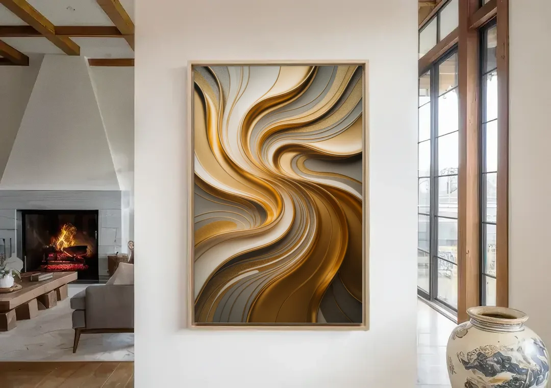 Flowing Rivers in Gold Abstract canvas wall art in a living room with a fireplace