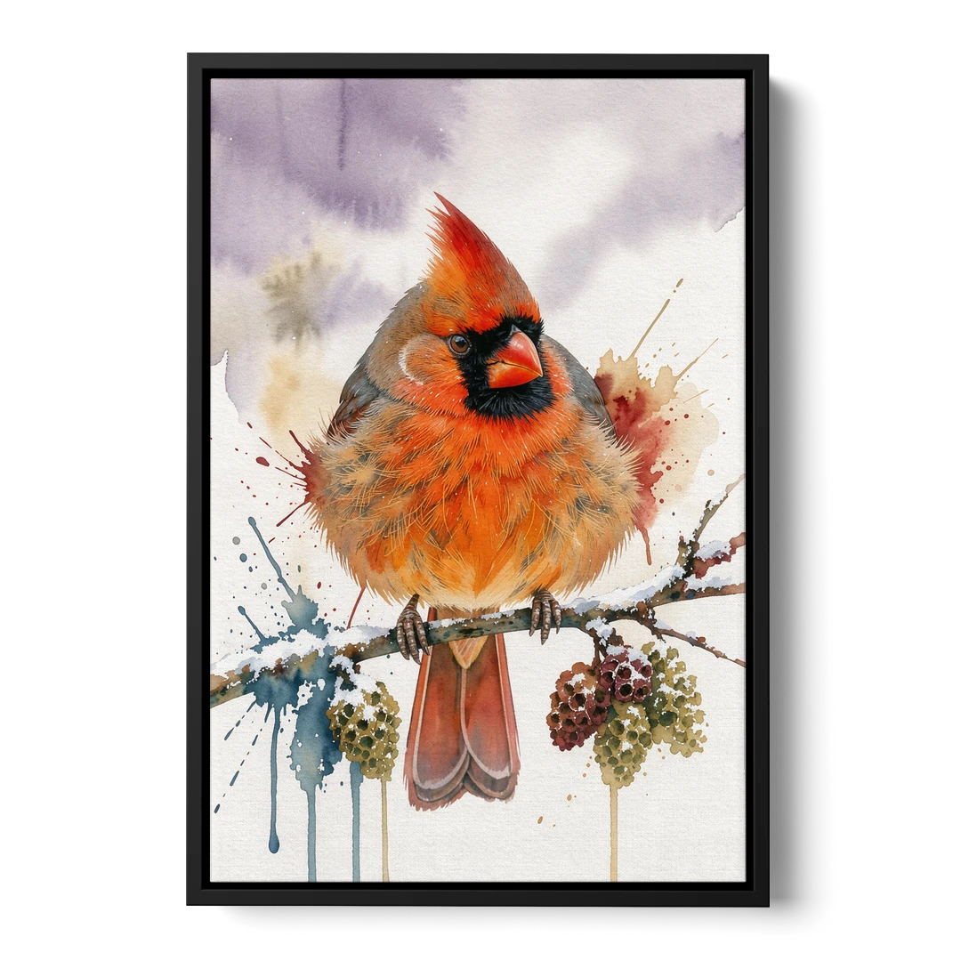 Fluffed Cardinal on a Snowy Alder Twig - Black Framed Canvas Wall Art - Front