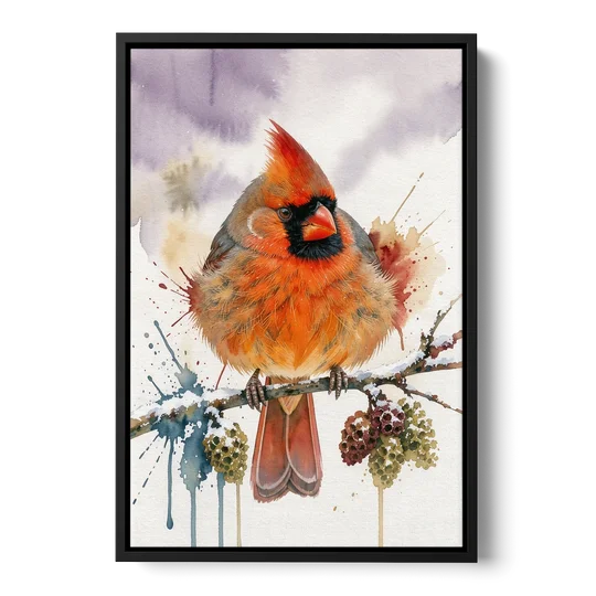 Fluffed Cardinal on a Snowy Alder Twig - Black Framed Canvas Wall Art - Front