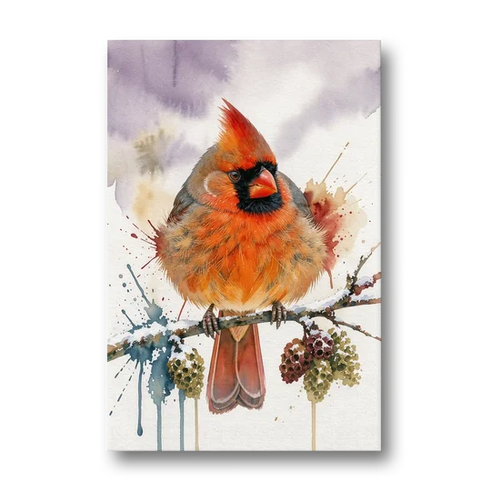 Fluffed Cardinal on a Snowy Alder Twig - Canvas Wall Art - Front