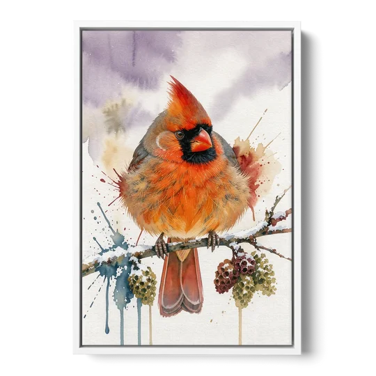 Fluffed Cardinal on a Snowy Alder Twig - White Framed Canvas Wall Art - Front