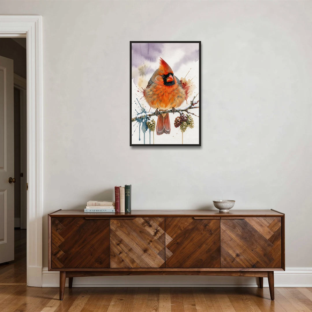 Fluffed Cardinal on a Snowy Alder Twig - Black Framed Canvas Wall Art - Coffee Table - 24x36