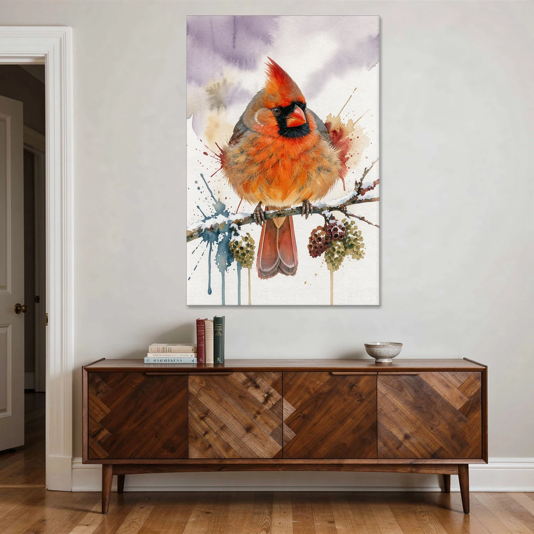Fluffed Cardinal on a Snowy Alder Twig - Canvas Wall Art - Coffee Table - 40x60