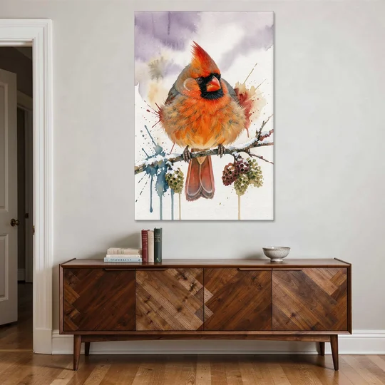 Fluffed Cardinal on a Snowy Alder Twig - Canvas Wall Art - Coffee Table - 40x60