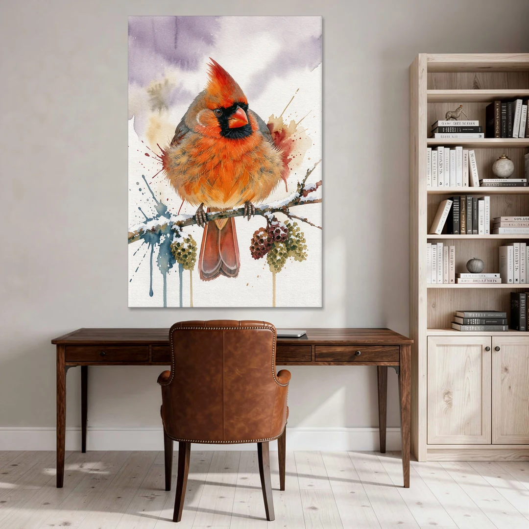 Fluffed Cardinal on a Snowy Alder Twig - Canvas Wall Art - Office - 40x60