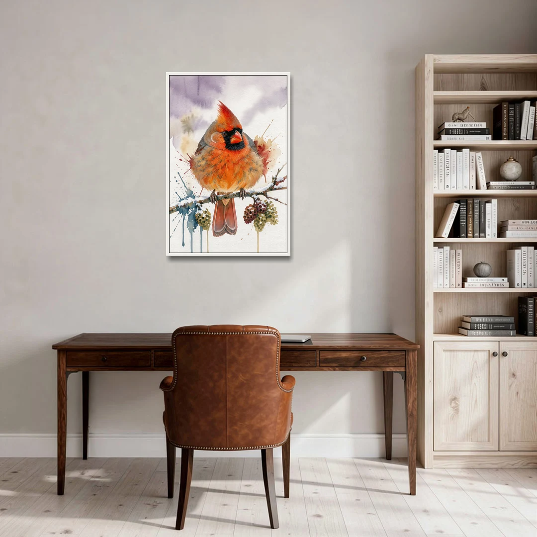 Fluffed Cardinal on a Snowy Alder Twig - White Framed Canvas Wall Art - Office - 24x36
