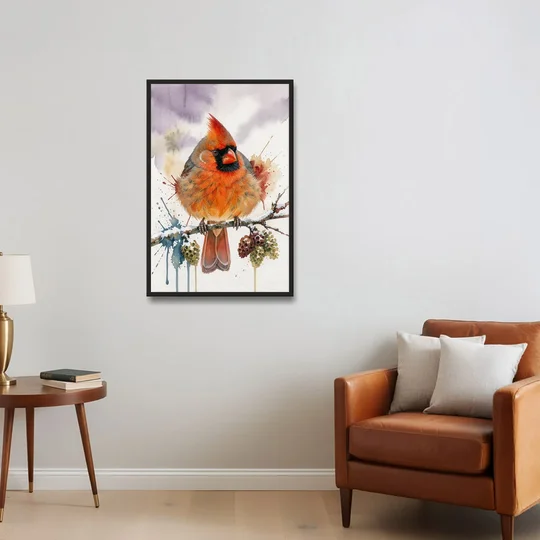 Fluffed Cardinal on a Snowy Alder Twig - Black Framed Canvas Wall Art - Sofa - 24x36