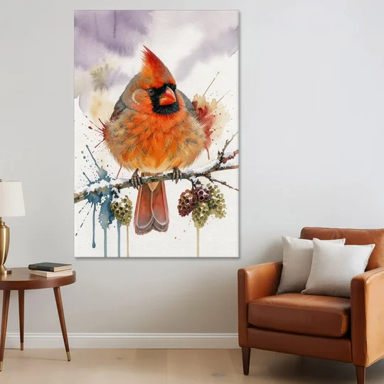 Fluffed Cardinal on a Snowy Alder Twig - Canvas Wall Art - Sofa - 40x60