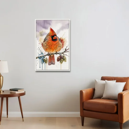 Fluffed Cardinal on a Snowy Alder Twig - White Framed Canvas Wall Art - Sofa - 24x36