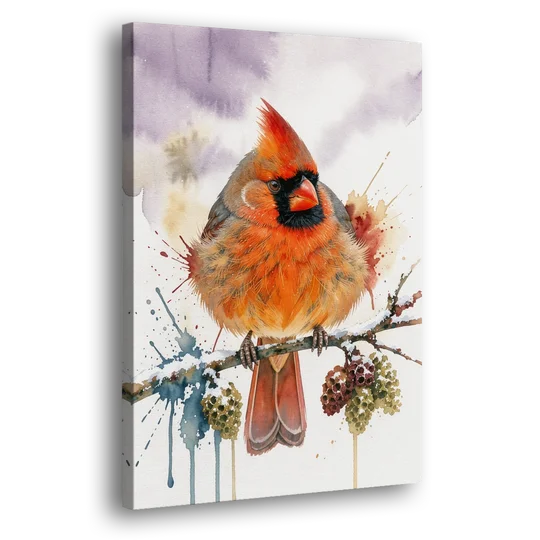 Fluffed Cardinal on a Snowy Alder Twig - Canvas Wall Art - Side