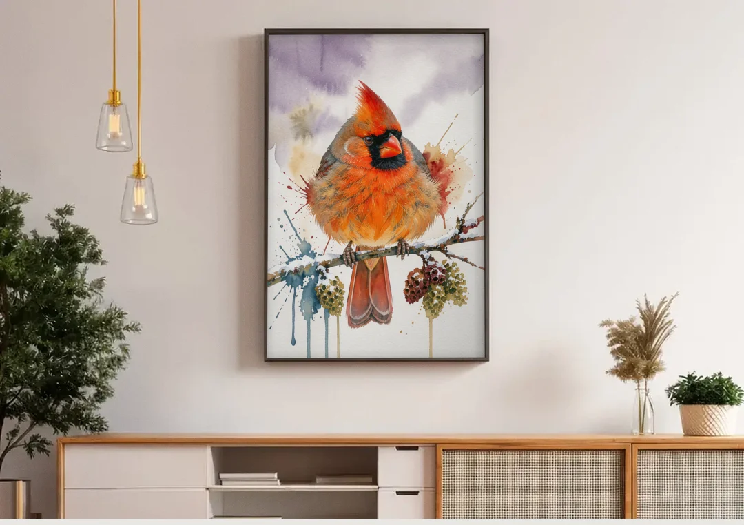 Fluffed Cardinal on a Snowy Alder Twig canvas wall art above a wooden sideboard under pendant lights