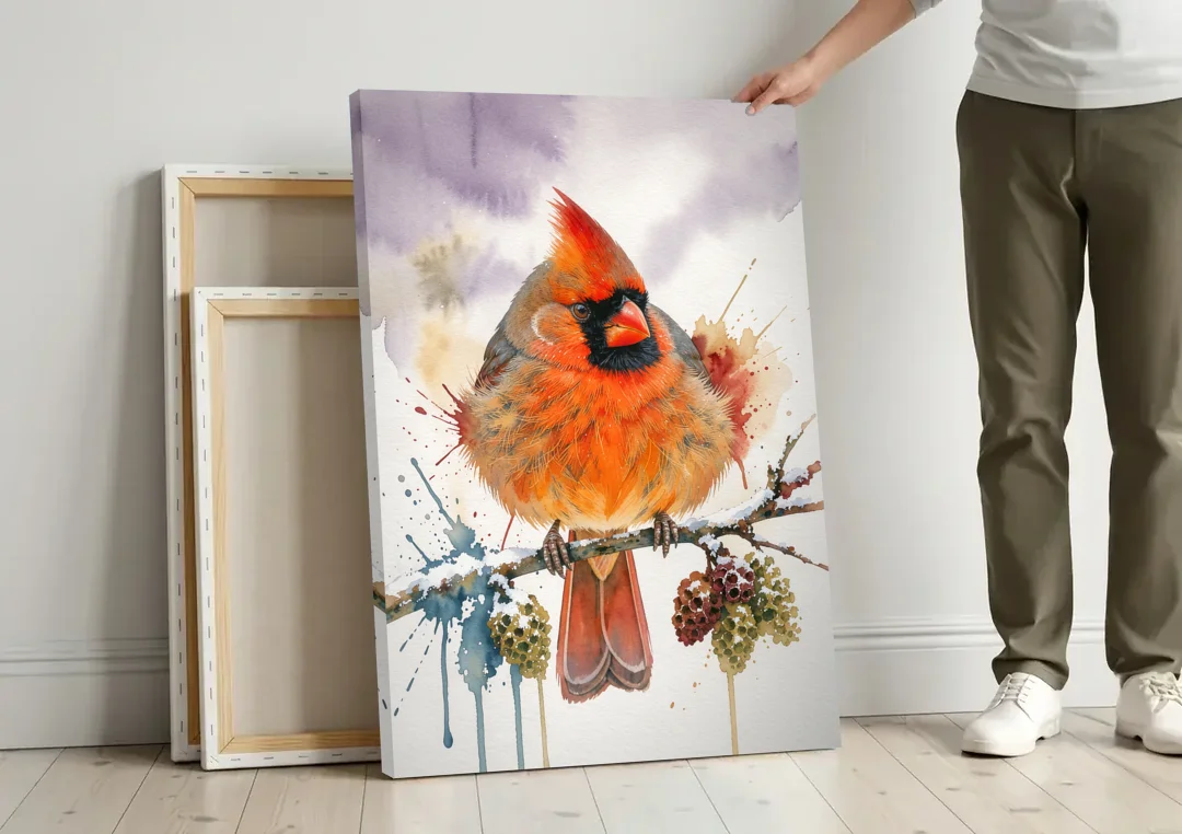 Fluffed Cardinal on a Snowy Alder Twig canvas wall art leaning against a wall next to blank canvases