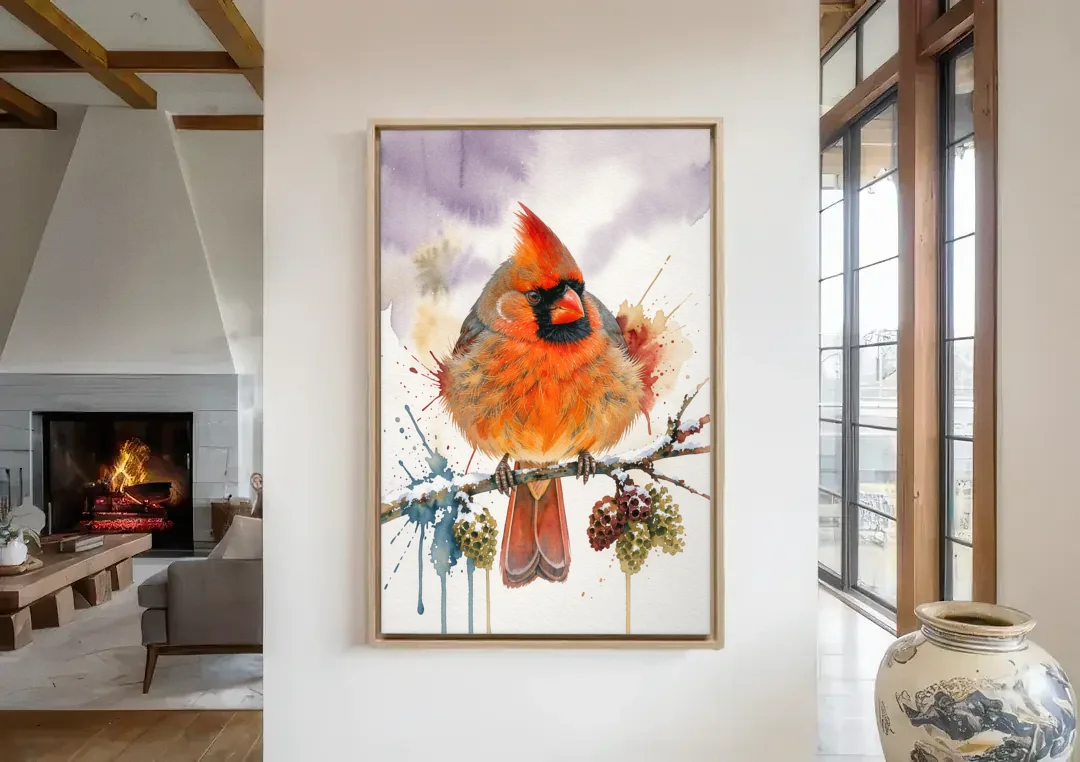 Fluffed Cardinal on a Snowy Alder Twig canvas wall art in a living room with a fireplace