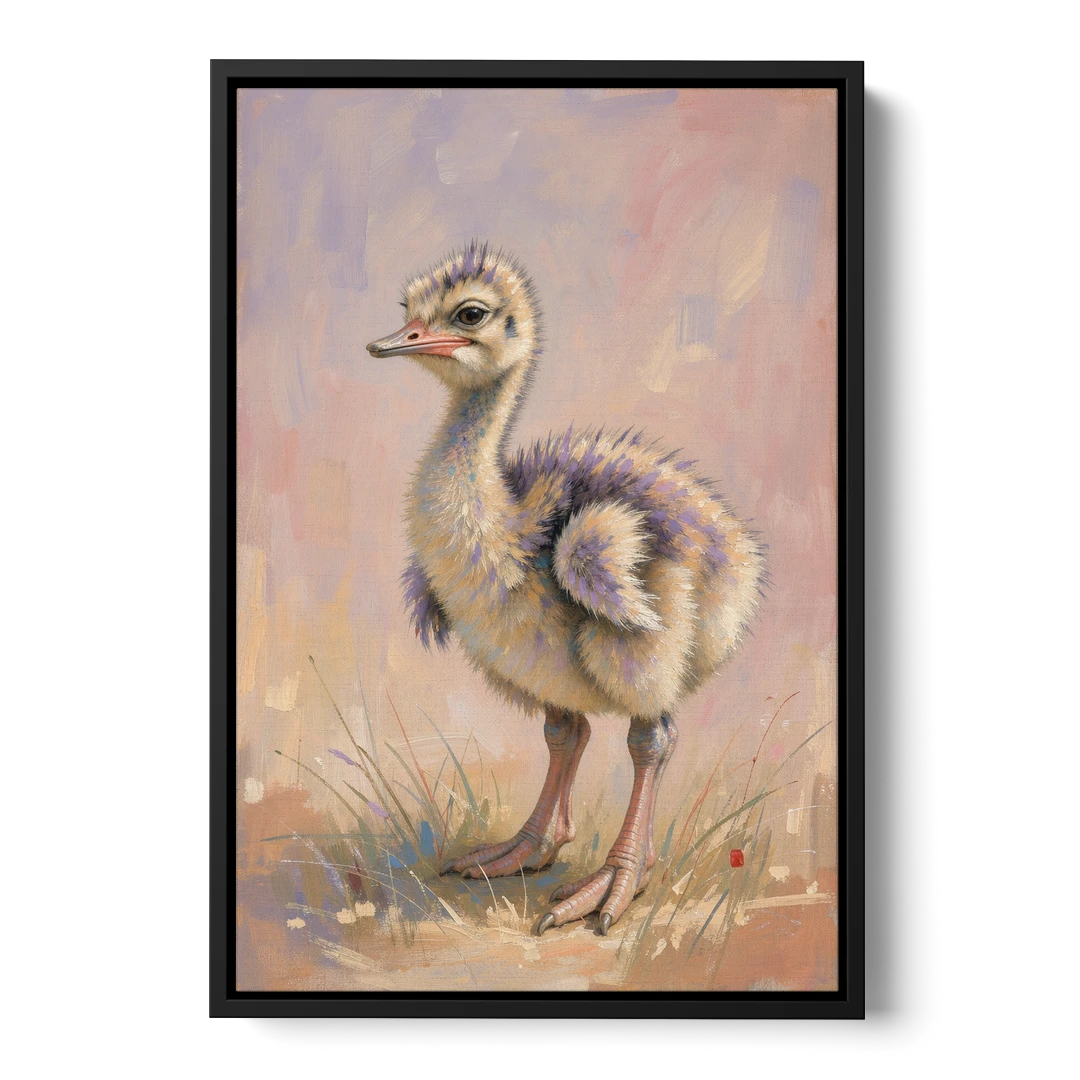 Fluffy Ostrich Chick on Long Pink Legs - Black Framed Canvas Wall Art - Front