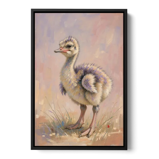 Fluffy Ostrich Chick on Long Pink Legs - Black Framed Canvas Wall Art - Front