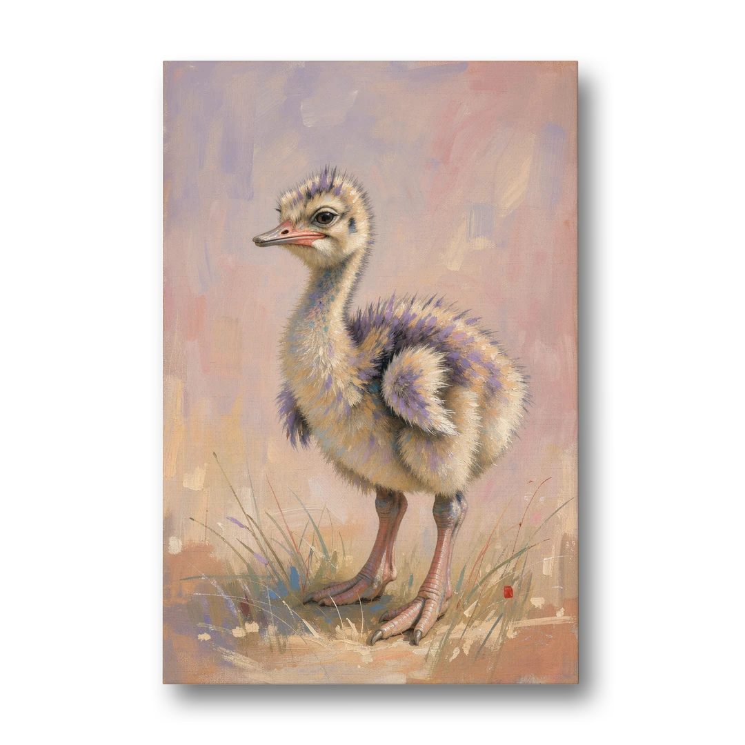 Fluffy Ostrich Chick on Long Pink Legs - Canvas Wall Art - Front