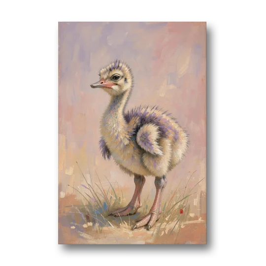 Fluffy Ostrich Chick on Long Pink Legs - Canvas Wall Art - Front