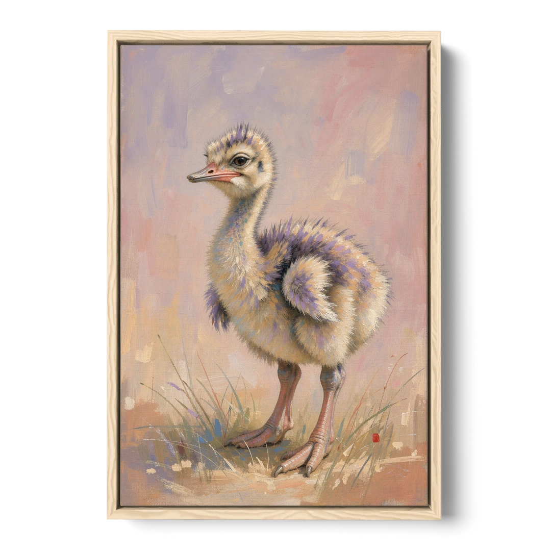 Fluffy Ostrich Chick on Long Pink Legs - Oak Framed Canvas Wall Art - Front