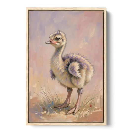 Fluffy Ostrich Chick on Long Pink Legs - Oak Framed Canvas Wall Art - Front