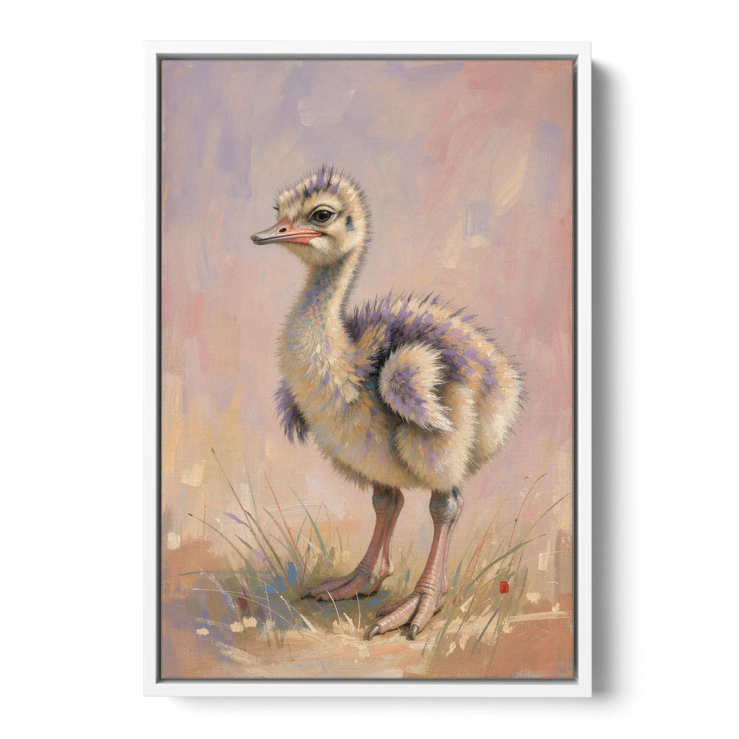 Fluffy Ostrich Chick on Long Pink Legs - White Framed Canvas Wall Art - Front