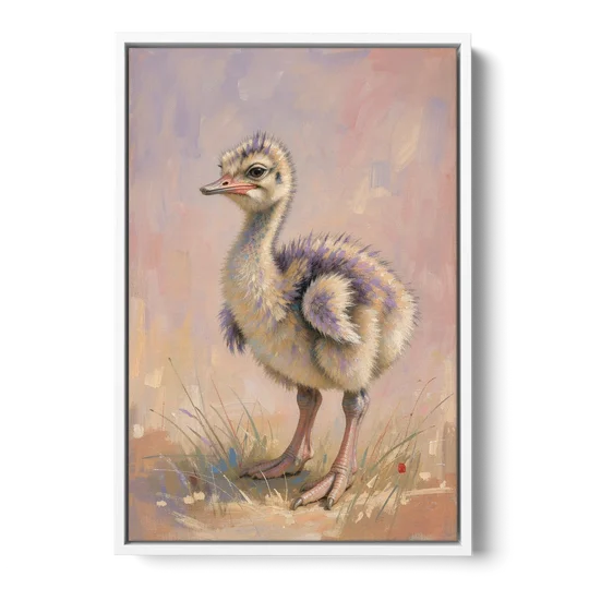 Fluffy Ostrich Chick on Long Pink Legs - White Framed Canvas Wall Art - Front