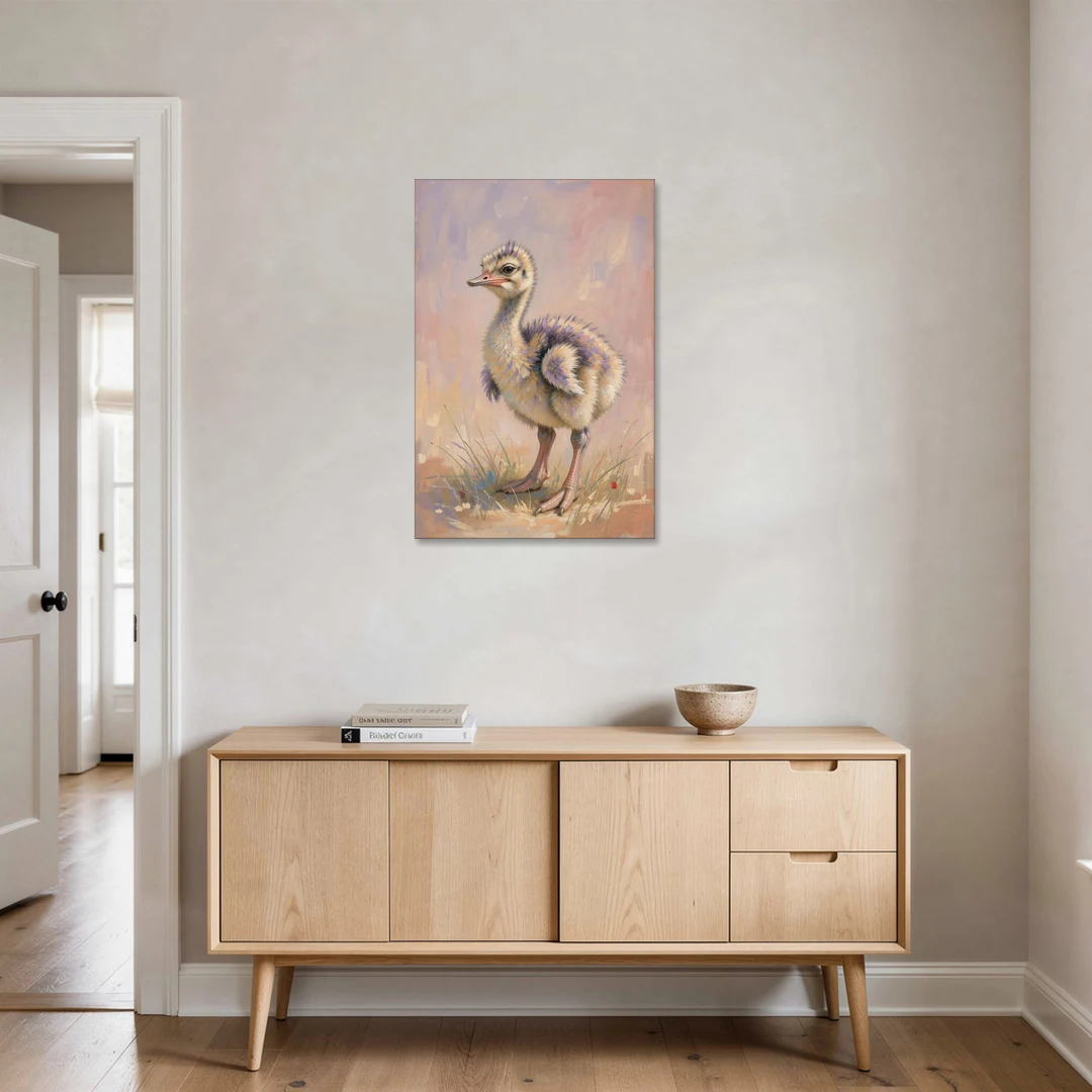 Fluffy Ostrich Chick on Long Pink Legs - Canvas Wall Art - Coffee Table - 24x36